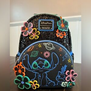 Stitch 626 Loungefly Mini Backpack Disney Parks Black Sequin Flowers